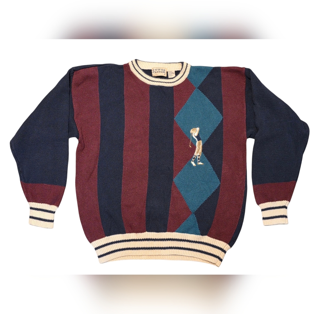 Men's Vintage Cotton Traders Burgundy and Navy Sweater Golf